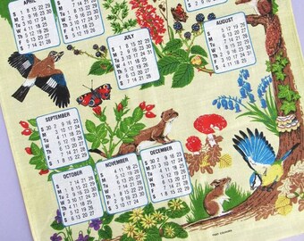 Vintage Tea Towel: 1984 Calendar Tea towel, retro British wildlife dish towel, a great 1980s birthday gift!