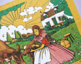 Vintage Tea Towel: Jersey Milkmaid, retro Channel Islands souvenir dish towel, Jersey cows and a country scene