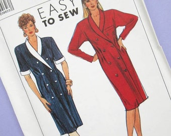 Vintage Sewing Pattern: Women's Petitie / Misses Semi-Fitted Dress, Simplicity 9406, double breasted, 80s, 1980s, sizes 16 18 20 22, unused