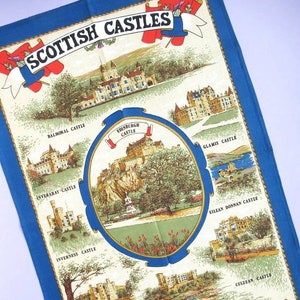 Vintage Tea Towel: Scottish Castles, illustrated by Clive Mayor, Scotland souvenir dish towel, heritage, new, unused, cotton, gift idea