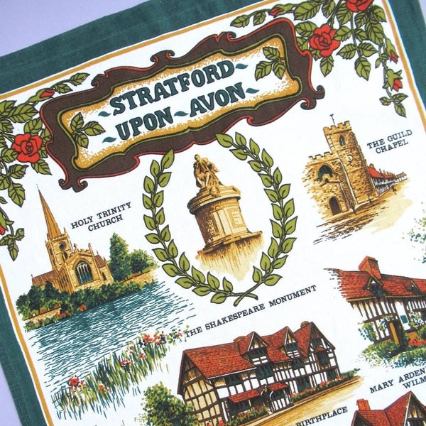 Vintage Tea Towel: Stratford-upon-Avon, retro souvenir teatowel, dish towel, Shakespeare, England, travel gift idea, homewares, home decor