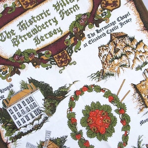 The Historic Village Strawberry Farm, Jersey, vintage tea towel, retro Channel Islands souvenir dish towel, unused, cotton, kitchen decor