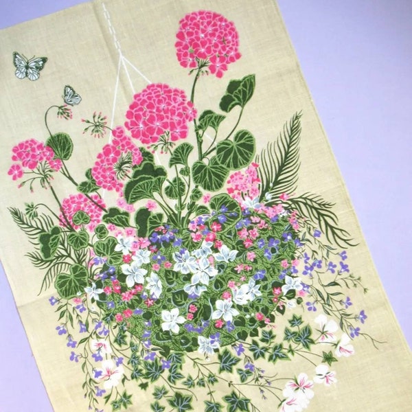 Vintage Tea Towel: Hanging Basket by Ulster, new, unused, retro, Irish linen, floral, flowers