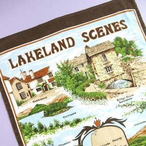 Lakeland Scenes, Vintage Geschirrtuch, Souvenir Lake-Distrikt, Baumwolle, britisches Geschirrtuch, unbenutzt (kleiner Druckfehler, leichte Verfärbung)