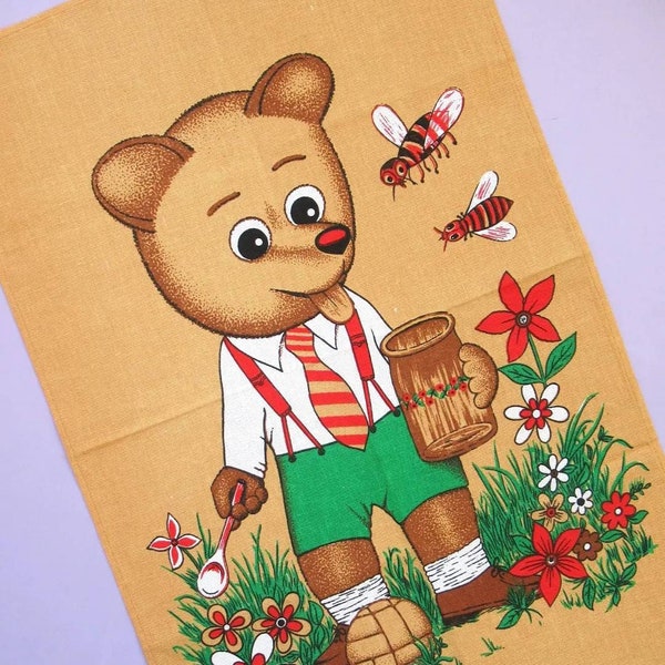 Vintage Tea Towel: Cute Bear, a new and unused cotton dish towel featuring a kitsch teddy bear with a jar of honey