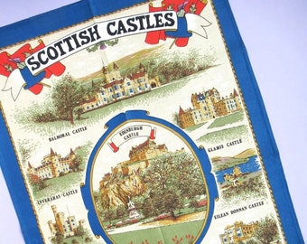 Vintage Tea Towel: Scottish Castles, illustrated by Clive Mayor, Scotland souvenir dish towel, heritage, new, unused, cotton, gift idea