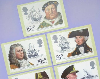 5 Postcards: British Maritime History, set of unused vintage postcards featuring 80s Royal Mail stamp designs, naval history gift, maritime