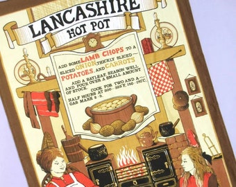 Vintage Tea Towel: Lancashire Hot Pot by Clive Mayor, retro souvenir dish towel, traditional English recipe