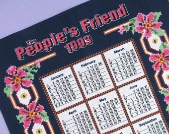 Vintage Tea Towel: People's Friend 1993 Calendar, needlework, unused, retro, 1993 birthday gift idea, 1990s, 90s, wall hanging