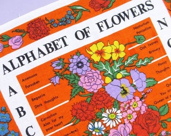 Vintage Geschirrtuch: Alphabet of Flowers von Lamont, blumige Bedeutung, britisches Retro-Blumen-Geschirrtuch, 60er/70er Jahre