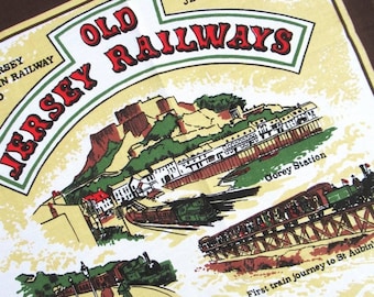 Vintage Tea Towel: Old Jersey Railways, retro souvenir teatowel, dish towel, unused, cotton, Channel Islands, trains, 1980s, 80s homewares