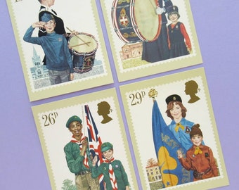 4 Vintage Postcards: Youth Organisations, Unused Postcards, Girl Guides, Brownies, Scouts, Cubs, Girls & Boys Brigade, 1980s card set