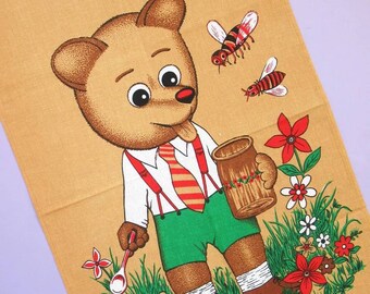 Vintage Tea Towel: Cute Bear, kitsch, cotton, sweet, new, unused, bees, honey, flowers, retro
