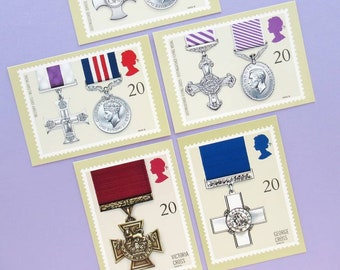 5 Postcards: Gallantry Medals, unused vintage postcard set featuring British medals for bravery, Royal Mail postage stamp cards, PHQ set