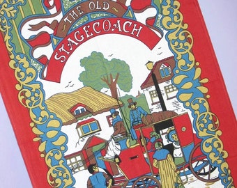 Vintage Tea Towel: The Old Stagecoach, viktorianisches England, ein unbenutztes Retro Geschirrtuch aus Baumwolle