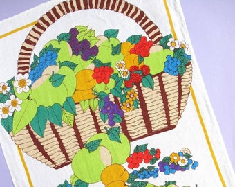 Vintage Tea Towel: Basket of Fruit and Flowers, retro kitchen decor, dish towel, Sue Molineux for Lyons Bakery, makers of Harvest Pies