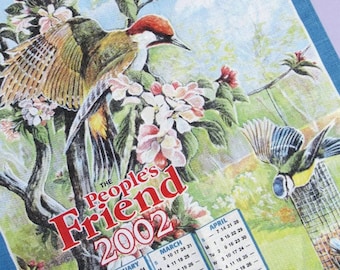Vintage Tea Towel: 2002 Calendar, The People's Friend, British garden birds, woodpecker, blue tits, cotton / linen blend, unused, dish towel