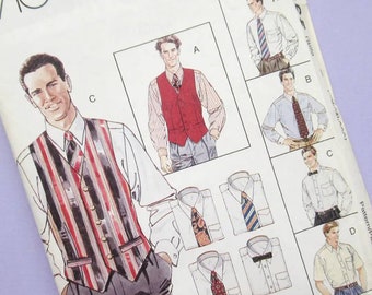 Vintage Sewing Pattern: Men's lined waistcoat (vest), shirt, tie, bow tie, McCall's 7365, unused, uncut, large sizes, XLG, XXL, XXX, 90s