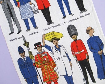 Vintage Tea Towel: London Characters, retro souvenir teatowel, England, Ulster linen, dish towel, uniforms, 60s, 70s, rare (small marks)