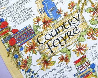 Vintage Tea Towel: Country Fayre, retro recipes teatowel, dish towel, unused, cooking, cookery, country kitchen, cottagecore (some marks)