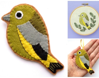 Greenfinch PDF Pattern - Felt Bird Sewing Tutorial and Embroidery Pattern, sew British bird brooches, ornaments, and greenfinch hoop art