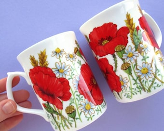 2 Vintage Floral Mugs: Red Poppies, Daisies, & Ears of Wheat, wildflowers, country cottage decor, Staffordshire Pottery fine bone china