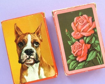 Vintage Playing Cards, choice of design: Dogs or Pink Roses, box of retro illustrated New Bond De Luxe Pictorial Playing Cards