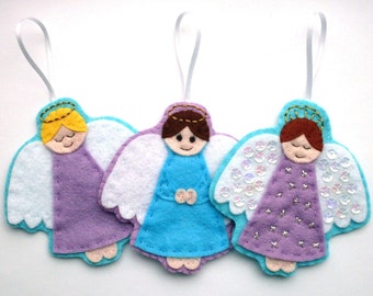 Angels PDF Pattern – Felt Christmas Ornament Sewing Tutorial and Embroidery Pattern, make cute felt guardian angel decorations!