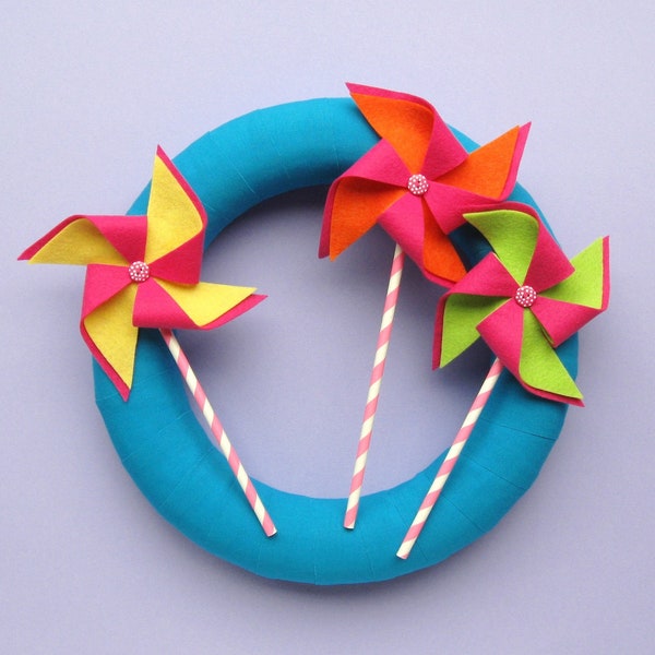 Felt Pinwheels PDF Wreath Tutorial, Fun, Summer, DIY, beach, home decor, sewing, craft, indoor 30cm wreath, how to, PDF pattern, seasonal