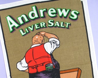 Torchon vintage : Andrews Liver Salts - "Je dois l'avoir laissé derrière !" - publicité rétro, torchon, rare, lin et coton irlandais, inutilisé