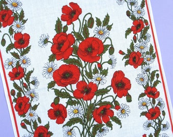Vintage Linen Tea Towel: Red Poppies and Daisies, Country Kitchen Decor, Remembrance Day, Poppy