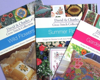 3 Cross Stitch Pattern Booklets - David & Charles Cross Stitch Collection - Wild Flowers, Summer Flowers, Garden Flowers - patterns