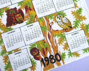 Vintage Tea Towel: 1980 Calendar, Owls, linen/cotton blend, Wise Owls, oak tree, oak leaves, 80s birthday gift, dish towel (mark in corner)