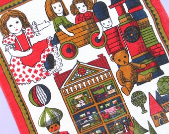 Vintage Tea Towel: Toys of the World, by Pat Albeck for Save the Children, Irish linen, retro dish towel (wear and fading)