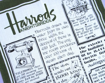 torchon vintage : Harrods, torchon souvenir, grand magasin Harrods, Knightsbridge, Londres, Angleterre, vert foncé, lin irlandais, inutilisé