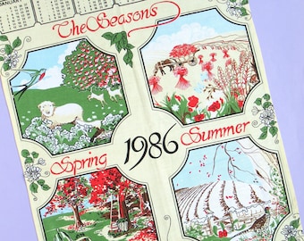 Vintage Tea Towel: The Seasons, 1986 Calendar Tea Towel, countryside, British, 80s, 1980s, birthday gift, new, unused, cotton, dish towel