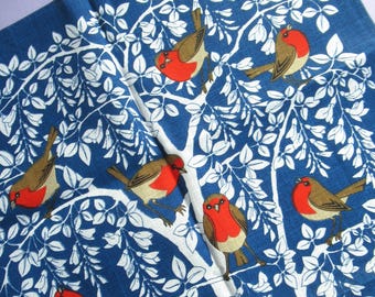 Vintage Tea Towel: Robin Tree, Flock of Robins, British Garden Birds, Unused Irish Linen