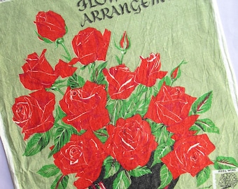 Vintage Irish Linen Tea Towel, Red Roses Floral Arrangement, Julia Clements, 1960s Home Decor