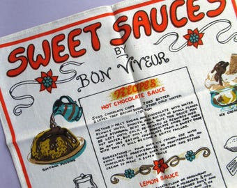 Vintage Tea Towel: Sweet Sauces by Bon Viveur, Retro Recipes, Fanny Cradock, 1950s Kitchen
