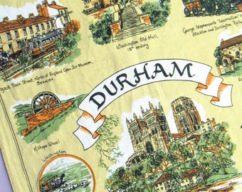 Vintage Tea Towel: Durham, England, Souvenir Dish Towel, Illustrated, Cotton, 80s Kitchen Decor