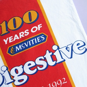 McVitie&#39;s Digestive biscuits, vintage tea towel, 1892 - 1992 centenary, 100 years of great baking, British biscuit, food, kitchen decor, 90s