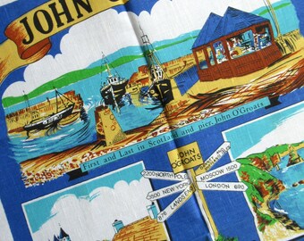 Vintage Tea Towel: John O'Groats, Scotland, Scottish Souvenir, Linen Blend, Unused, Blue, Retro Kitchen Decor