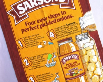 Vintage Tea Towel: Pickled Onions, Sarson's Pickling Malt Vinegar, Retro 80s Advertising, British Food, Kitchen or Pub Decor, Orange, Brown