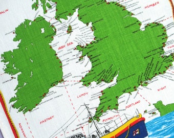 Vintage RNLI Lifeboat Chart Tea Towel: Irish Linen, GB & Ireland Map