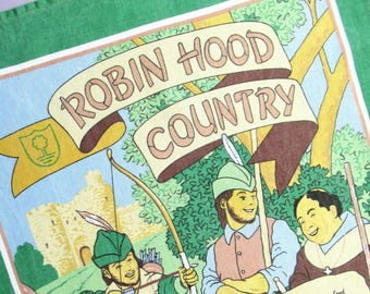 Vintage Tea Towel: Robin Hood Country, Sherwood Forest, Nottingham, England, Souvenir, Green, Cotton, Used
