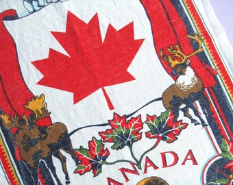 Vintage Tea Towel: Canada Souvenir Dish Cloth, Canadian flag, wildlife, linen cotton blend, used