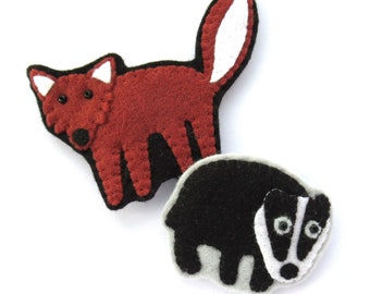 Fox & Badger PDF Patterns, Felt Brooch Sewing Tutorials - sew cute woodland animal brooches or ornaments! British wildlife craft pattern.