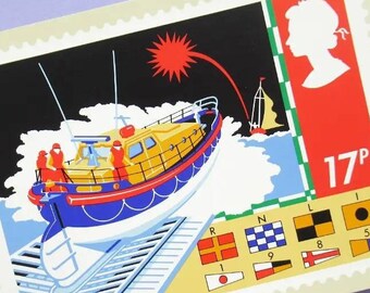 4 Postcards: Safety at Sea, Set of Unused Vintage Postcards, art, Royal Mail postage stamps, 80s, 1980s, illustration, retro, lifeboat