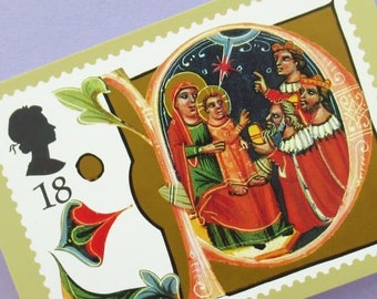 5 cartes postales : Noël 1991, jeu de cartes postales anciennes non utilisées avec des illustrations d'un manuscrit de la bibliothèque Bodléienne, Christian, Nativité, cartes