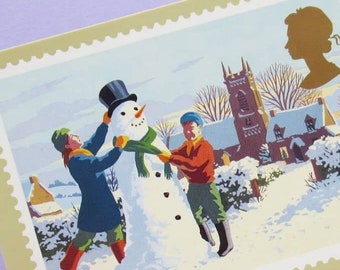 5 Postcards: Christmas Scenes, Unused Vintage Postcards, Christmas card set, art, winter, snowmen, retro Xmas, card set, carol singers, snow